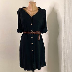 Short Black Shirt Dress Button down V neck Rolled Sleeves Fully Lined M